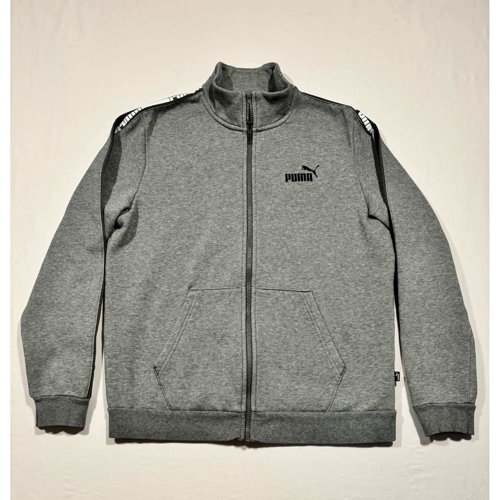 Puma Mens Full Zip Track Jacket Heather Gray Logo Tape Fleece Sweatshirt Size M